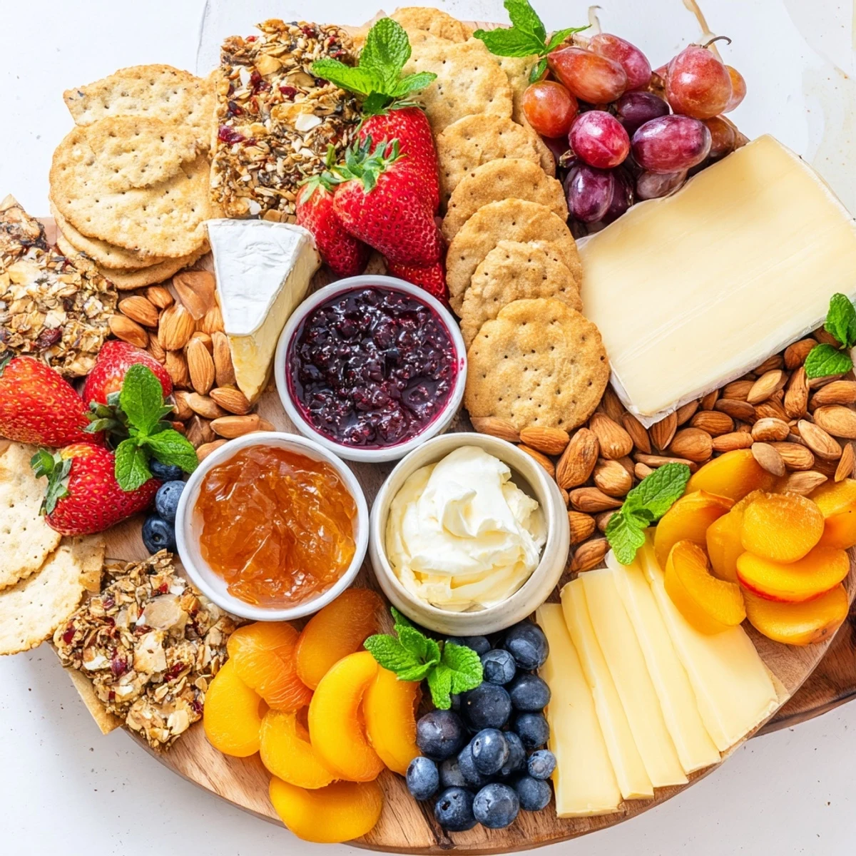 A colorful jam-infused brunch board with fruits, cheeses, and artisanal breads.  
