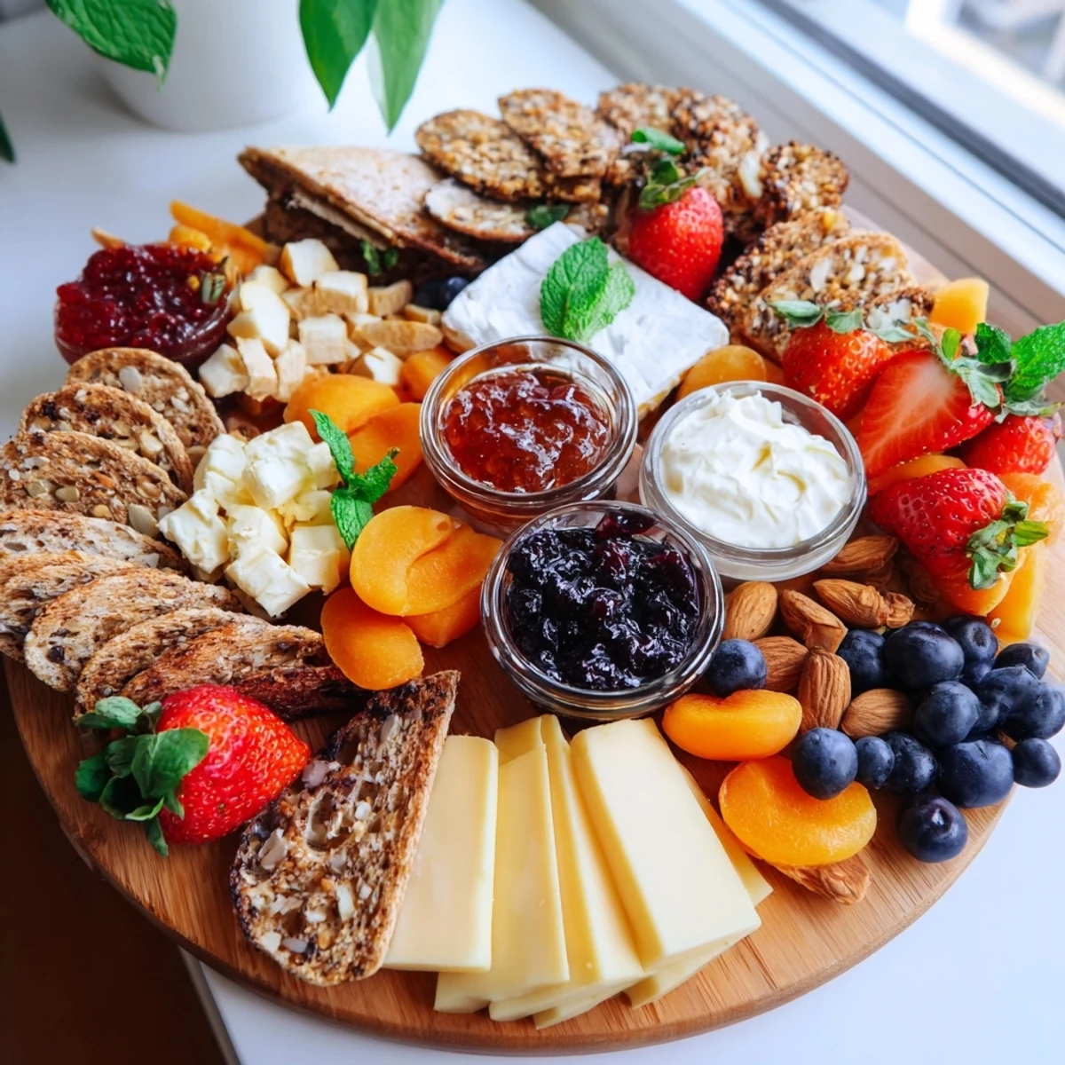 Sweet and savory jam-infused brunch board overflowing with fresh fruits and creamy cheeses.  