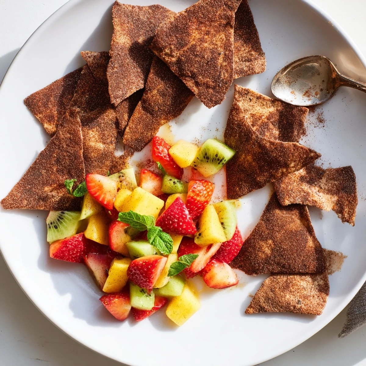 Crispy dessert chips and salsa with vibrant fruit and chocolate flavors.  