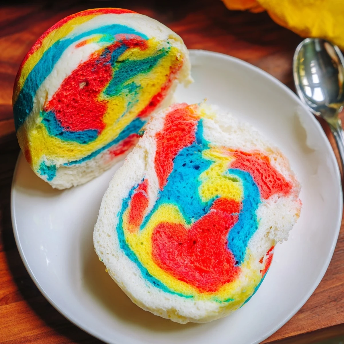 Fluffy cloud bread in vibrant rainbow colors, ideal for a fun breakfast treat.  