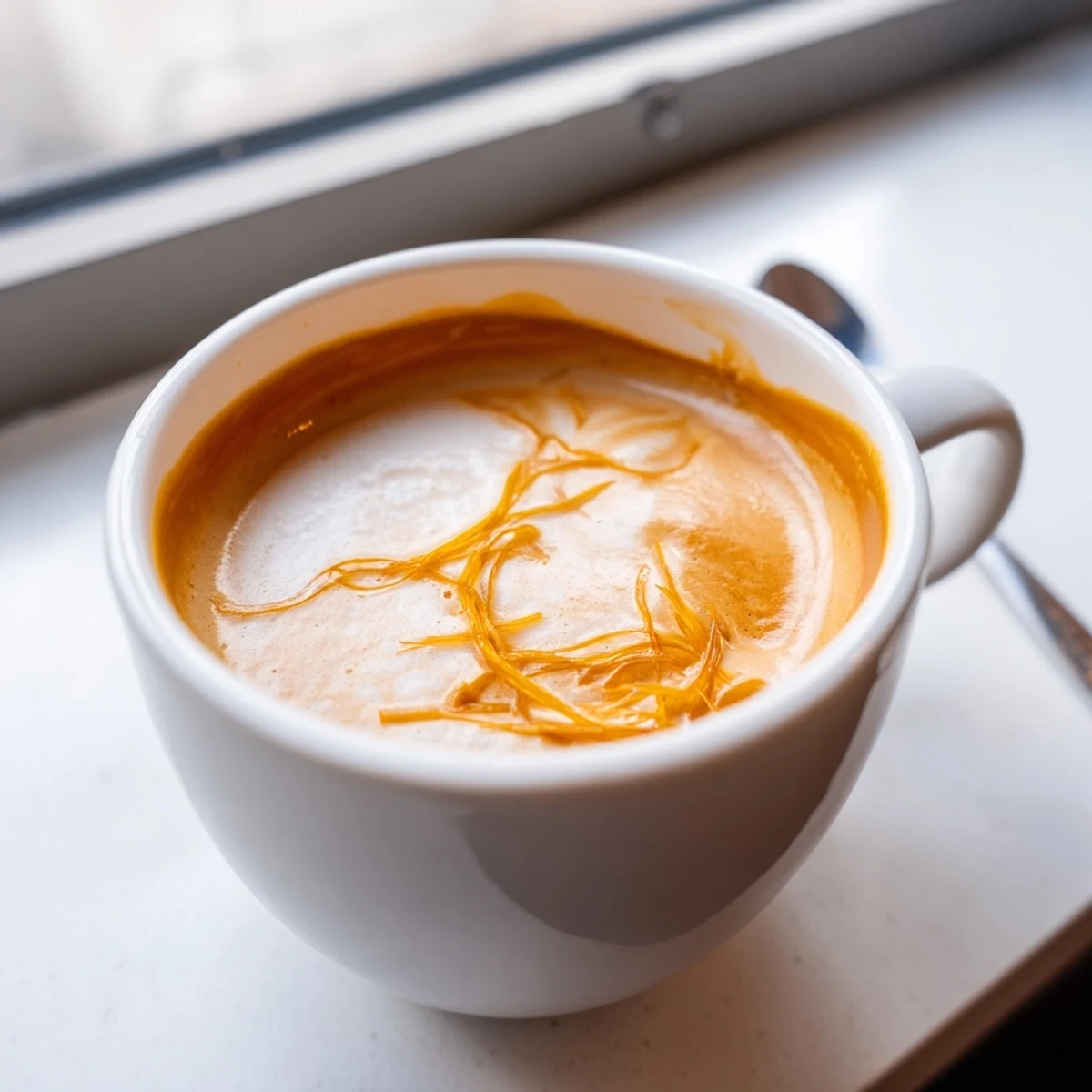 Unique onion latte served in a rustic cup, blending sweet and rich flavors.  