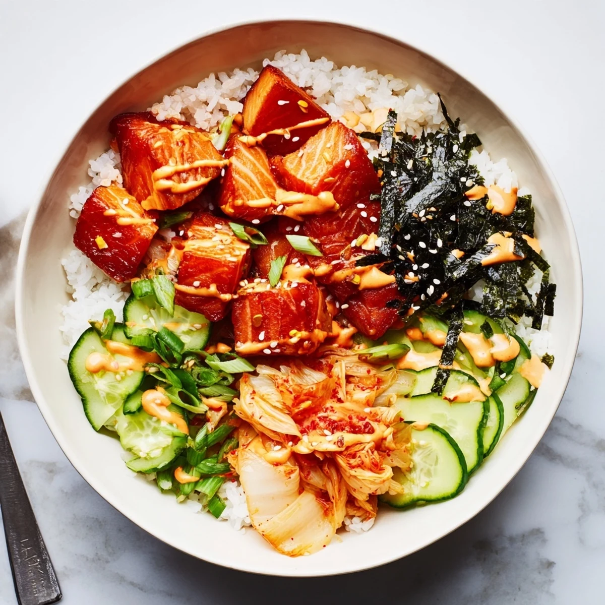 Crispy Salmon Rice Bowl topped with spicy mayo, avocado, and tangy kimchi.  