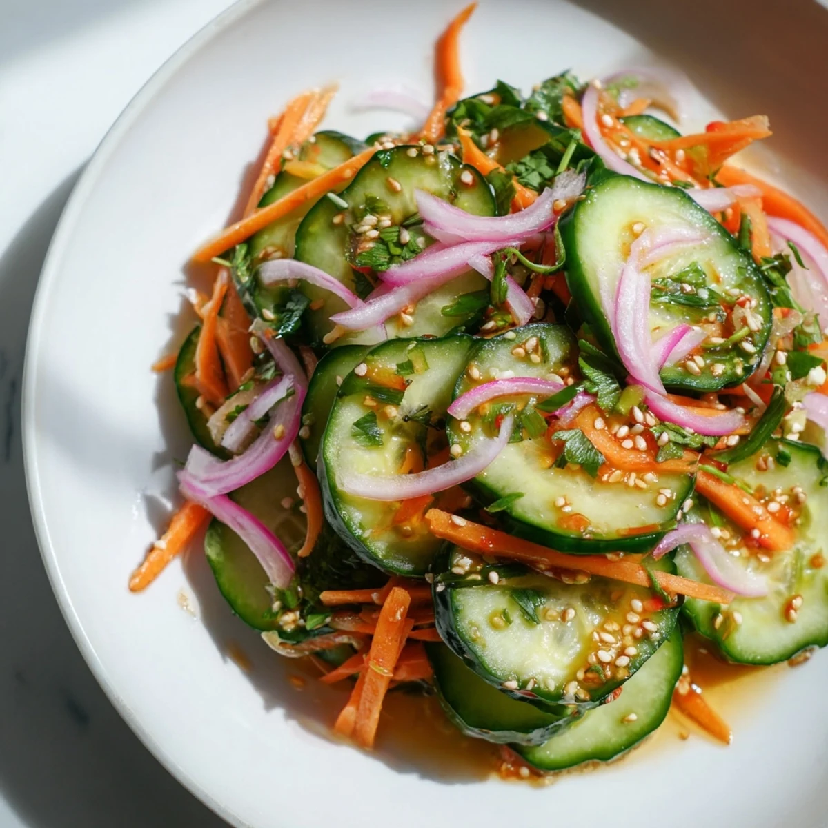 Savory cucumber salad remix with tangy Asian dressing and crisp vegetables.  