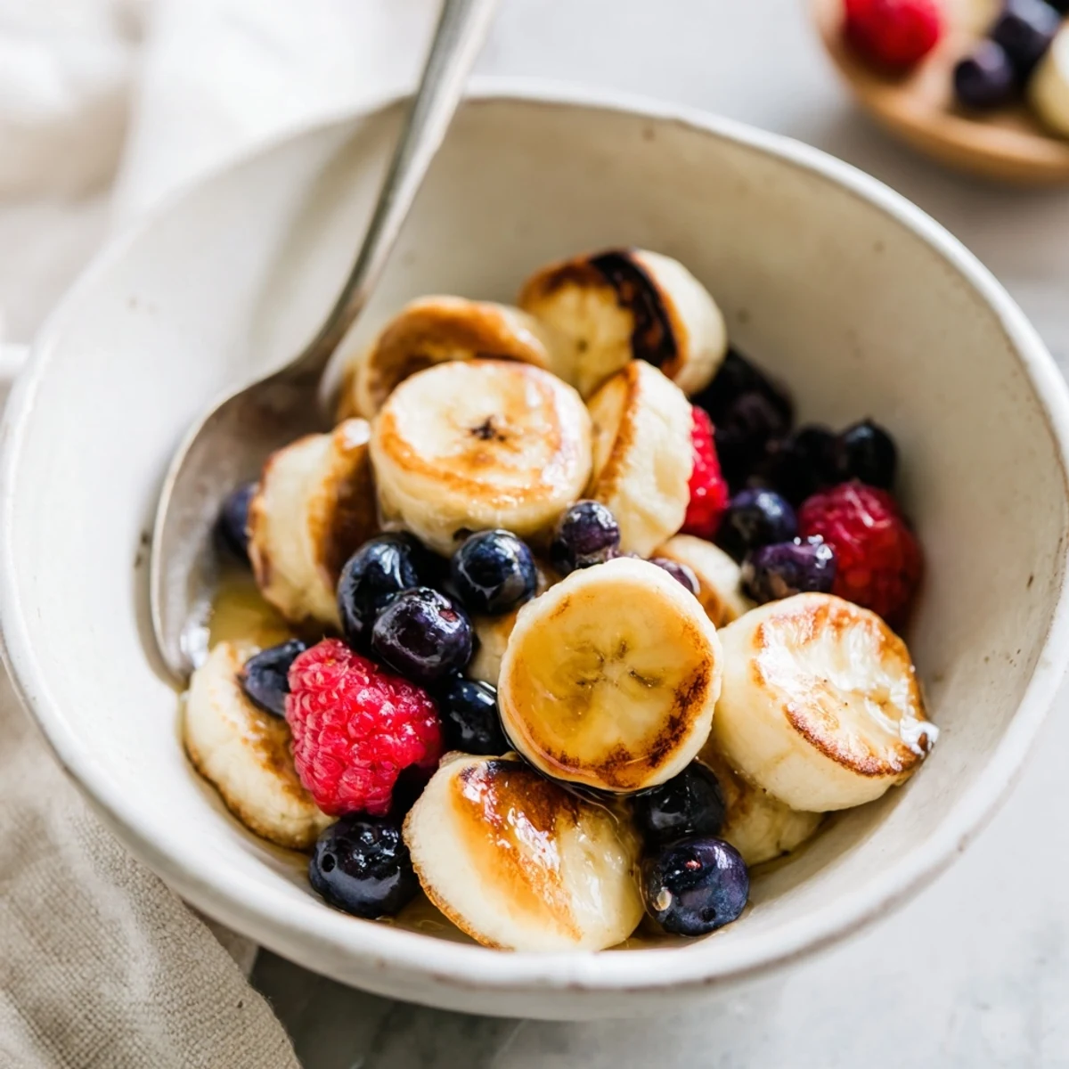 Mini pancake cereal served in a bowl with fresh berries and maple syrup.  
