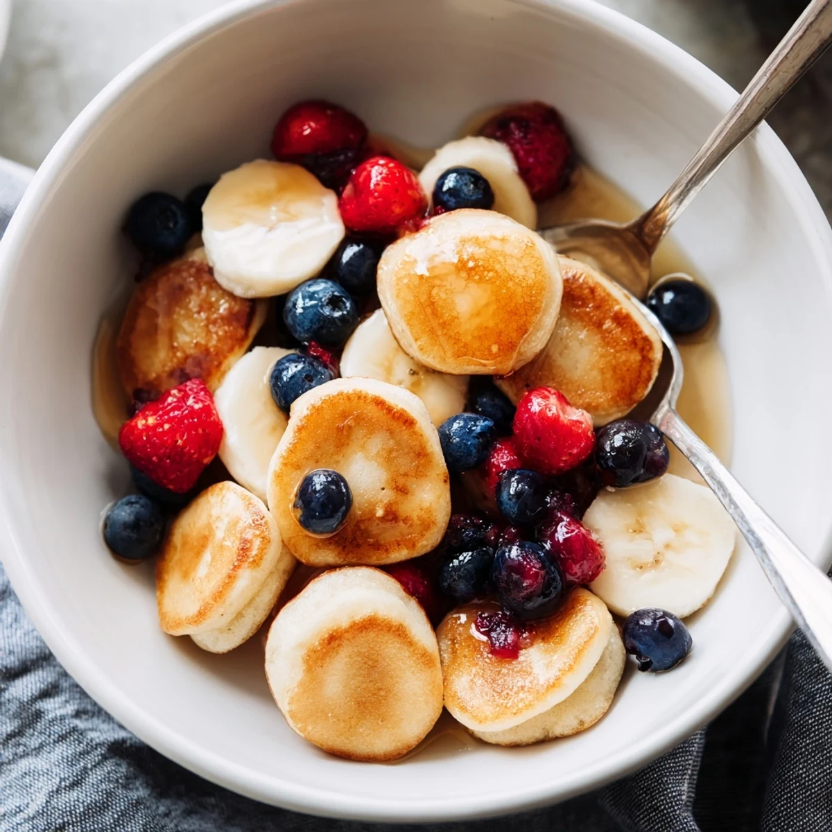 Bite-sized mini pancake cereal topped with honey and sliced bananas, deliciously fluffy.  
