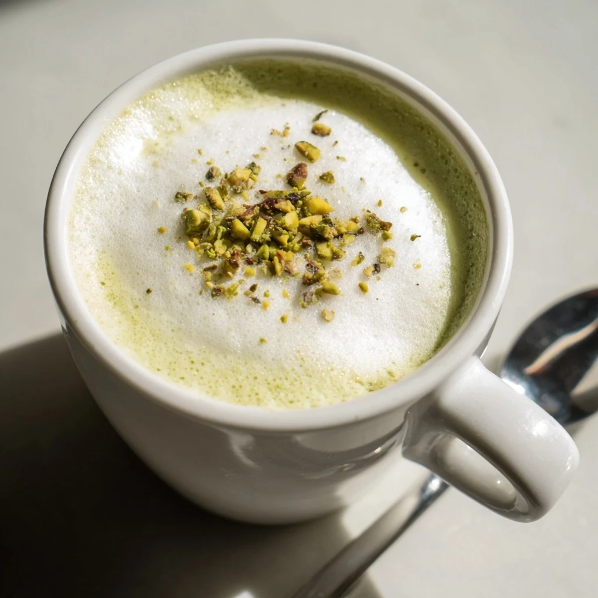 Creamy pistachio milk latte topped with crushed nuts, perfect for coffee lovers.  