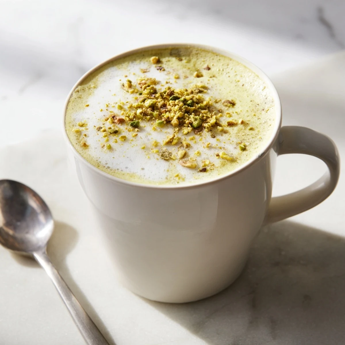 Homemade pistachio milk latte invitingly swirled with espresso and garnished with nuts.