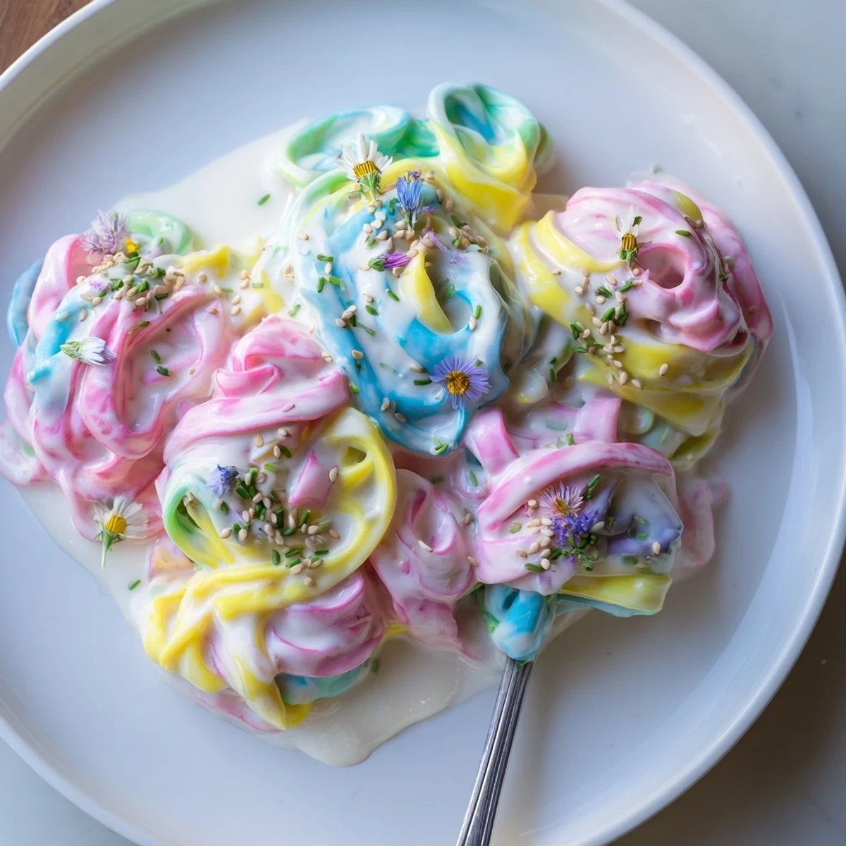 Vibrant Neon Noodle Cloud, draped in creamy sauce, perfect for playful dinners.