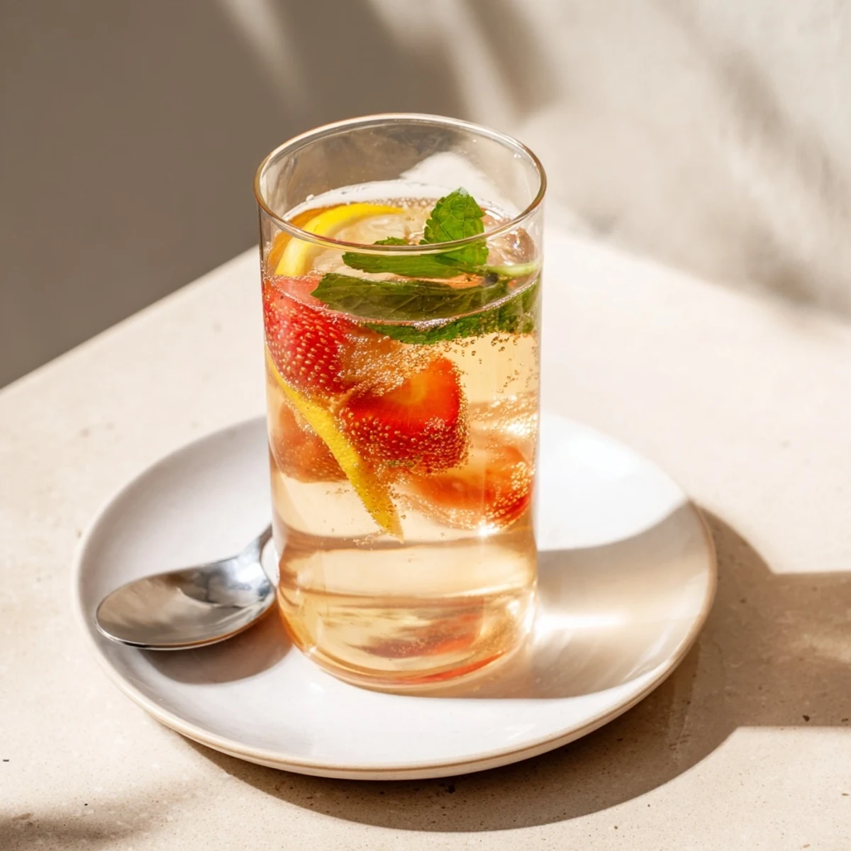 A colorful array of kombucha-style home-brew mocktails with fresh fruit garnishes.  