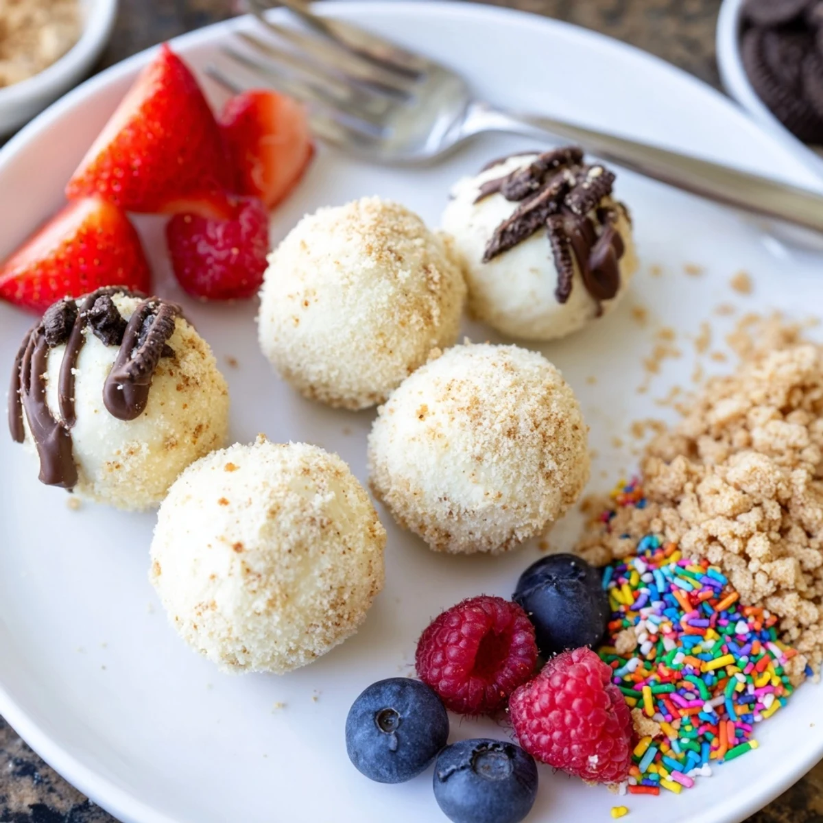 Interactive dessert board showcasing rich cheesecake bites, drizzled with chocolate ganache and fruits.  
