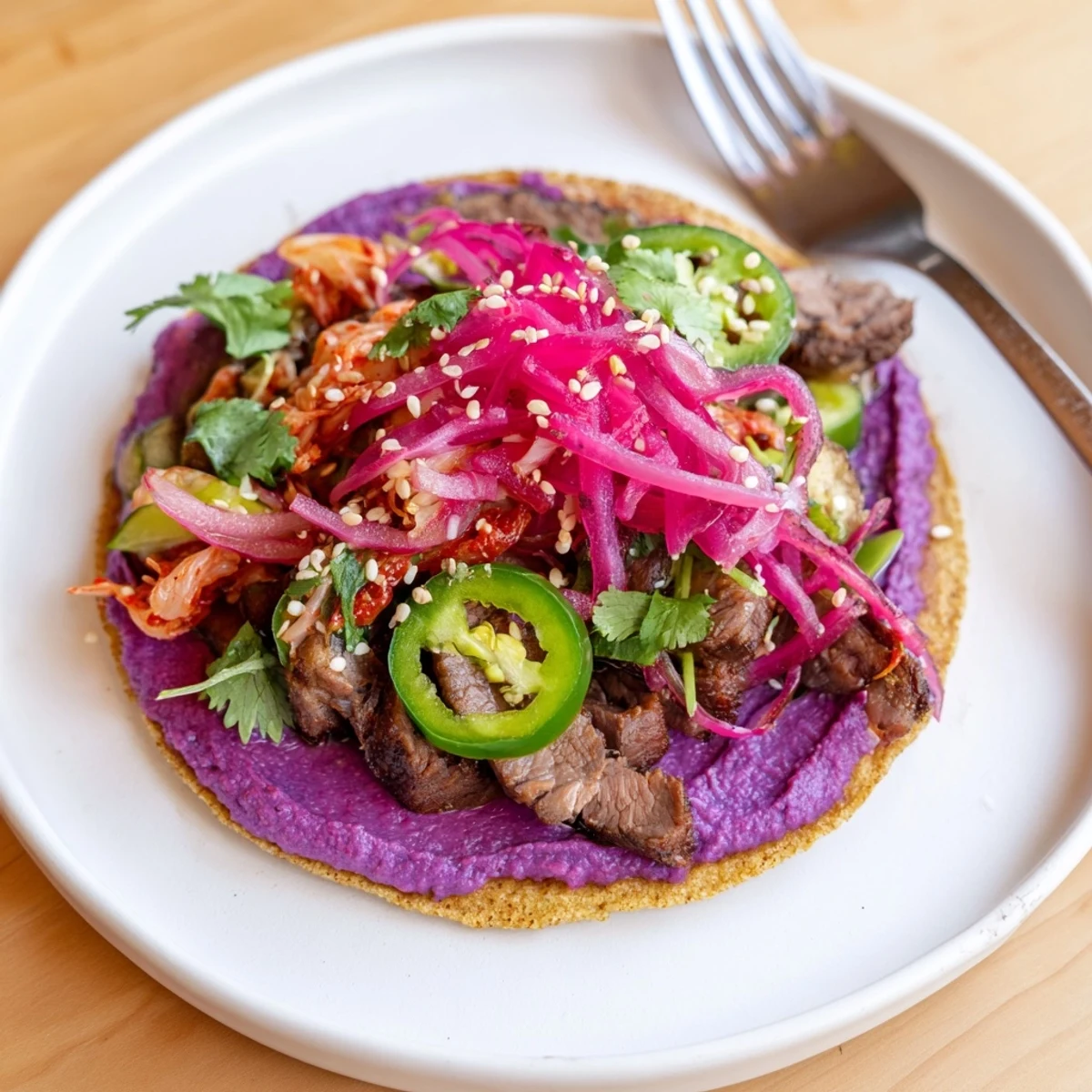 Vibrant Global Street-Food Fusion Tacos topped with zesty ube crema and fresh veggies.  