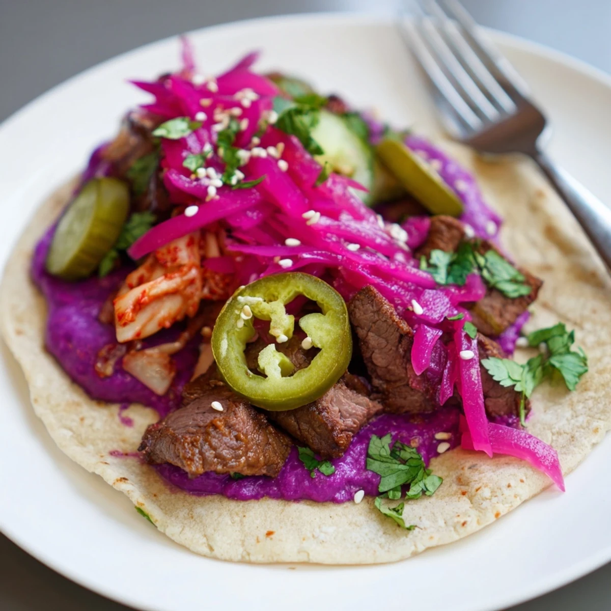 Delicious Global Street-Food Fusion Tacos, bursting with flavors and vibrant toppings galore.