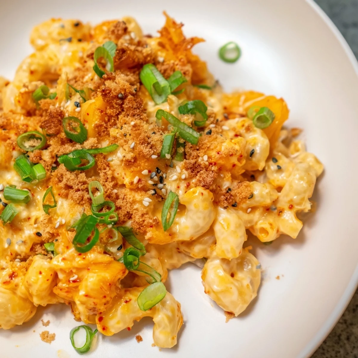 Creamy Spicy Kimchi Mac & Cheese topped with crunchy sesame breadcrumbs, perfect for cozy dinners.  