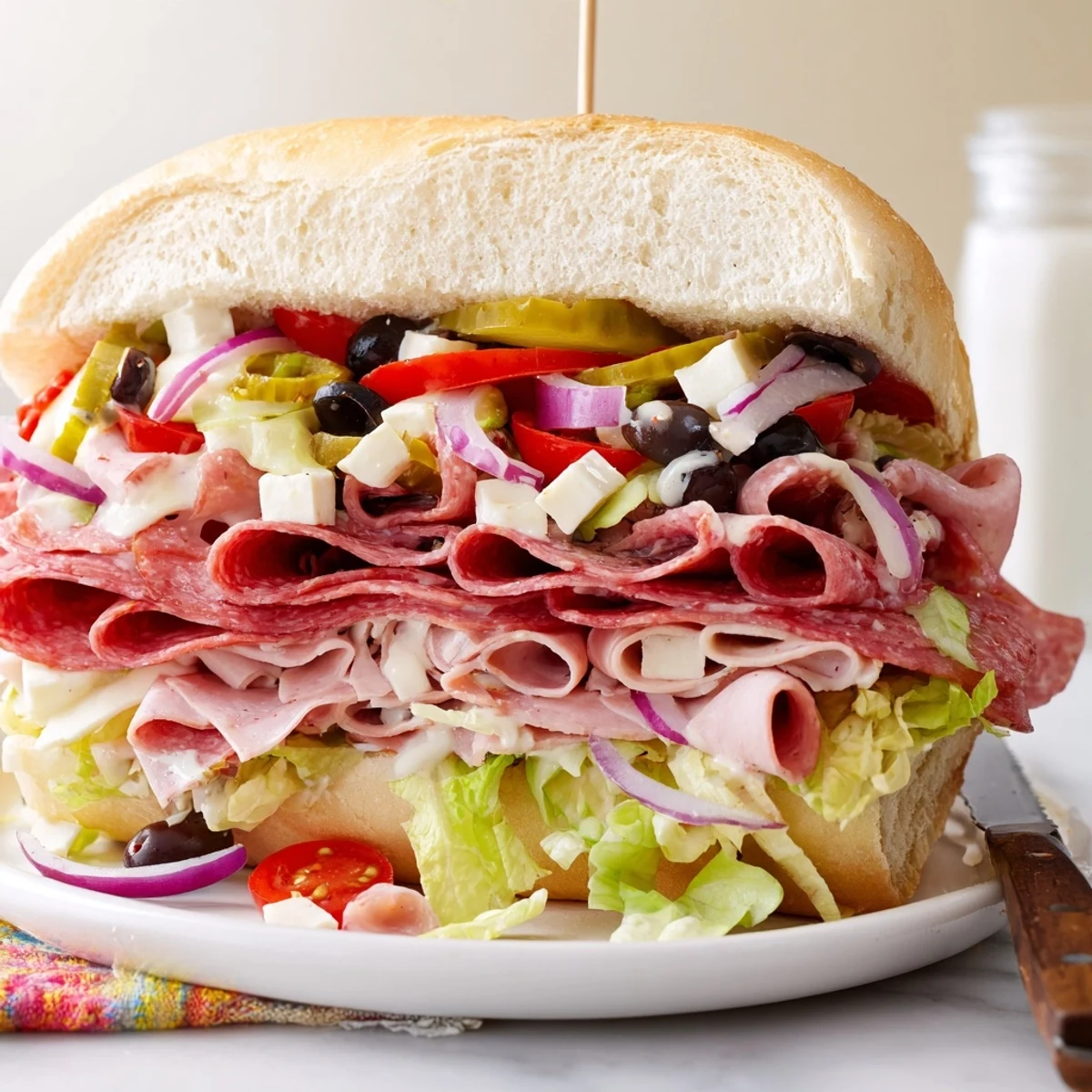 Homemade Flavor Mash-Up Sandwich, a colorful feast of meats and creamy cheese.