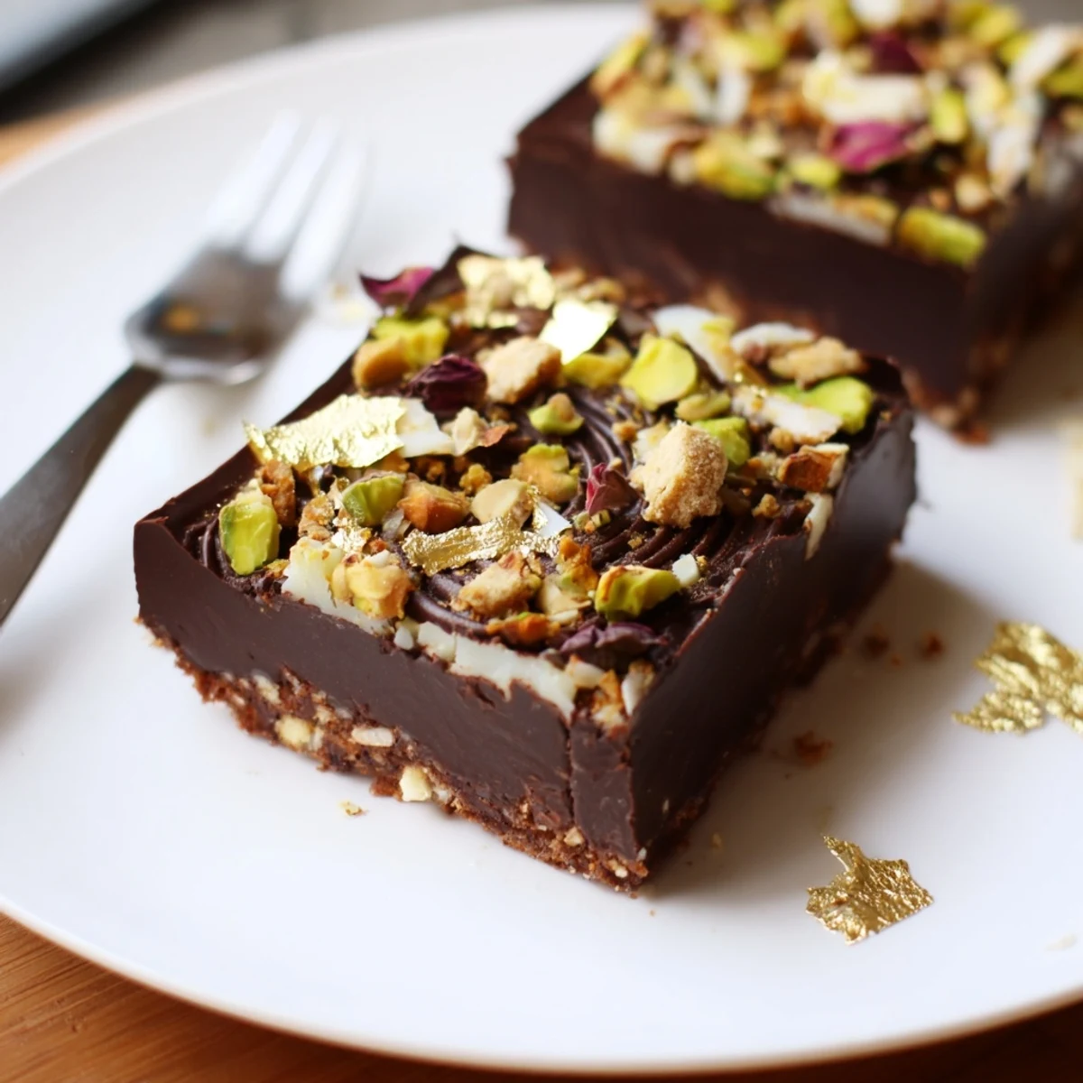 Elegant chocolate bars garnished with rose petals and gold leaf for a luxurious treat.