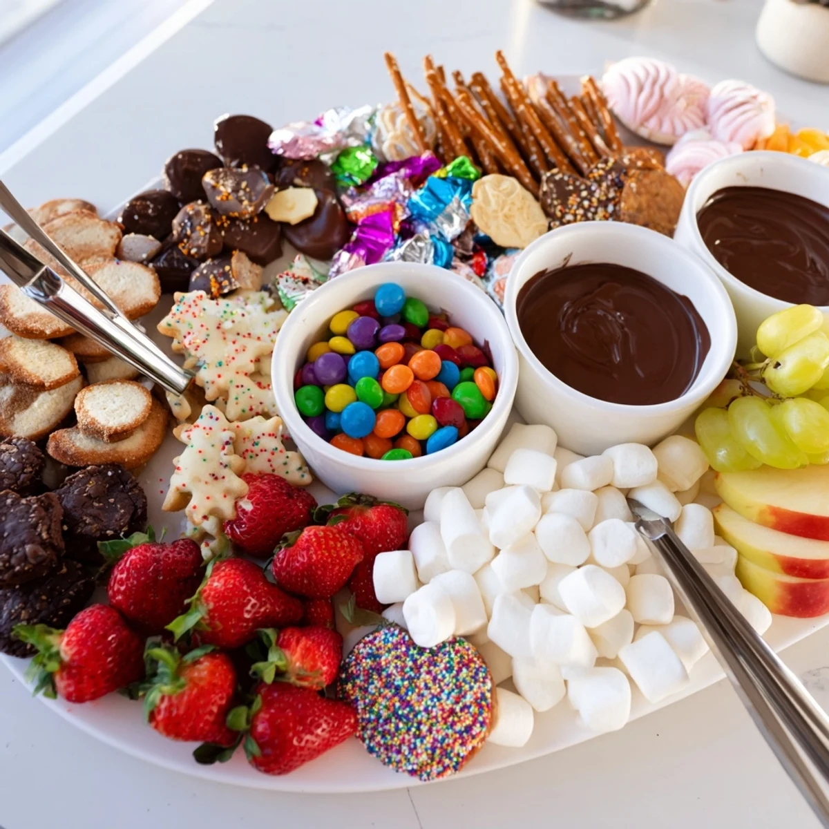 Festively arranged dessert boards with colorful treats for sharing at parties.  