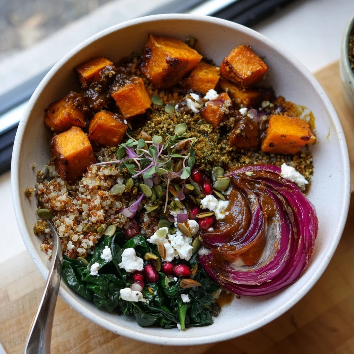 Cozy spiced winter bowls filled with roasted veggies and vibrant toppings.  