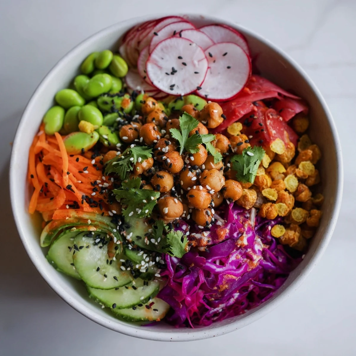 Vibrant ASMR Crunch Snack Bowls overflowing with fresh vegetables and crispy toppings.  