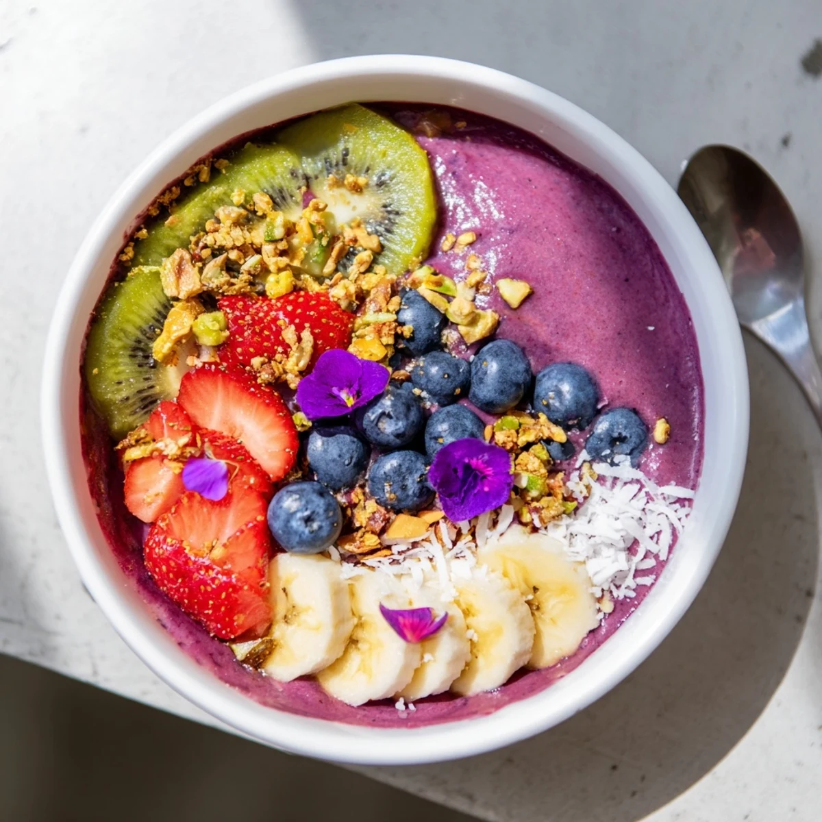 Delicious smoothie bowl featuring purple yam, pistachios, and fresh fruity toppings.  
