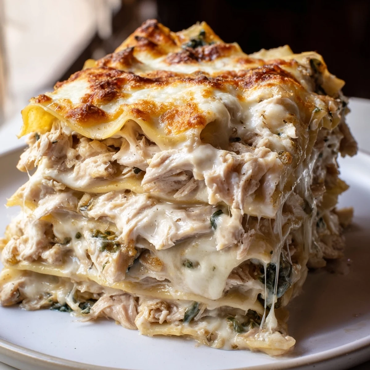 Savory rosemary chicken lasagna layered with creamy béchamel and mozzarella cheese.  