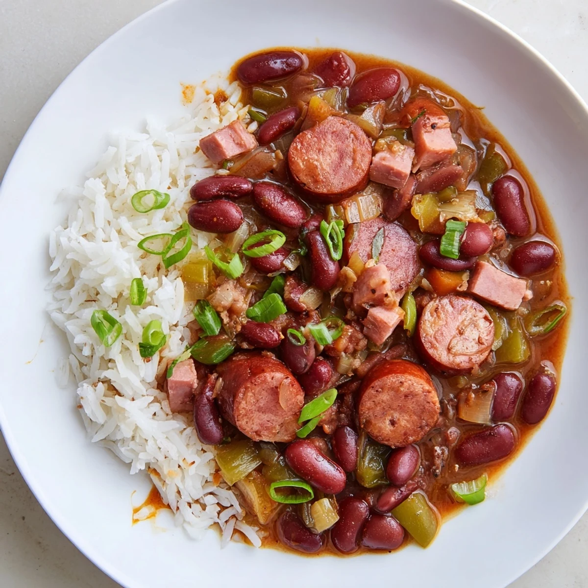 Hearty Red Beans & Rice dish featuring smoky sausage and tender beans over fluffy rice.  