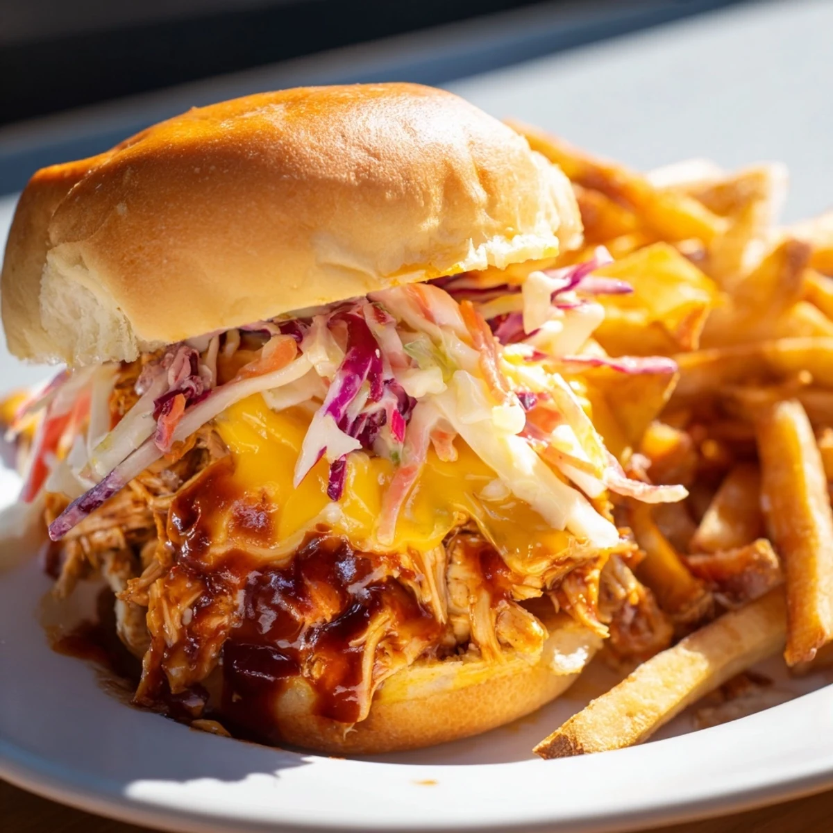 Juicy BBQ chicken sliders on soft buns served with golden crispy fries.  