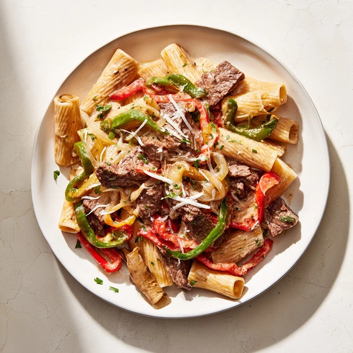 Hearty Philly Cheese Steak Pasta topped with creamy cheese sauce and sautéed vegetables.  