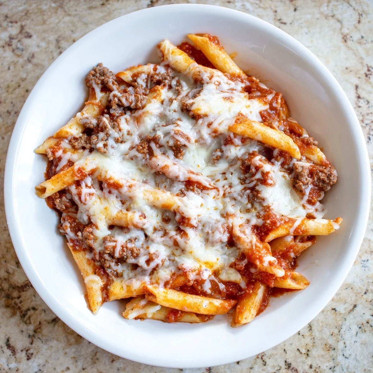 Steaming hot Cheesy Beef & Penne Bake with a golden cheese crust, ready to serve and enjoy.