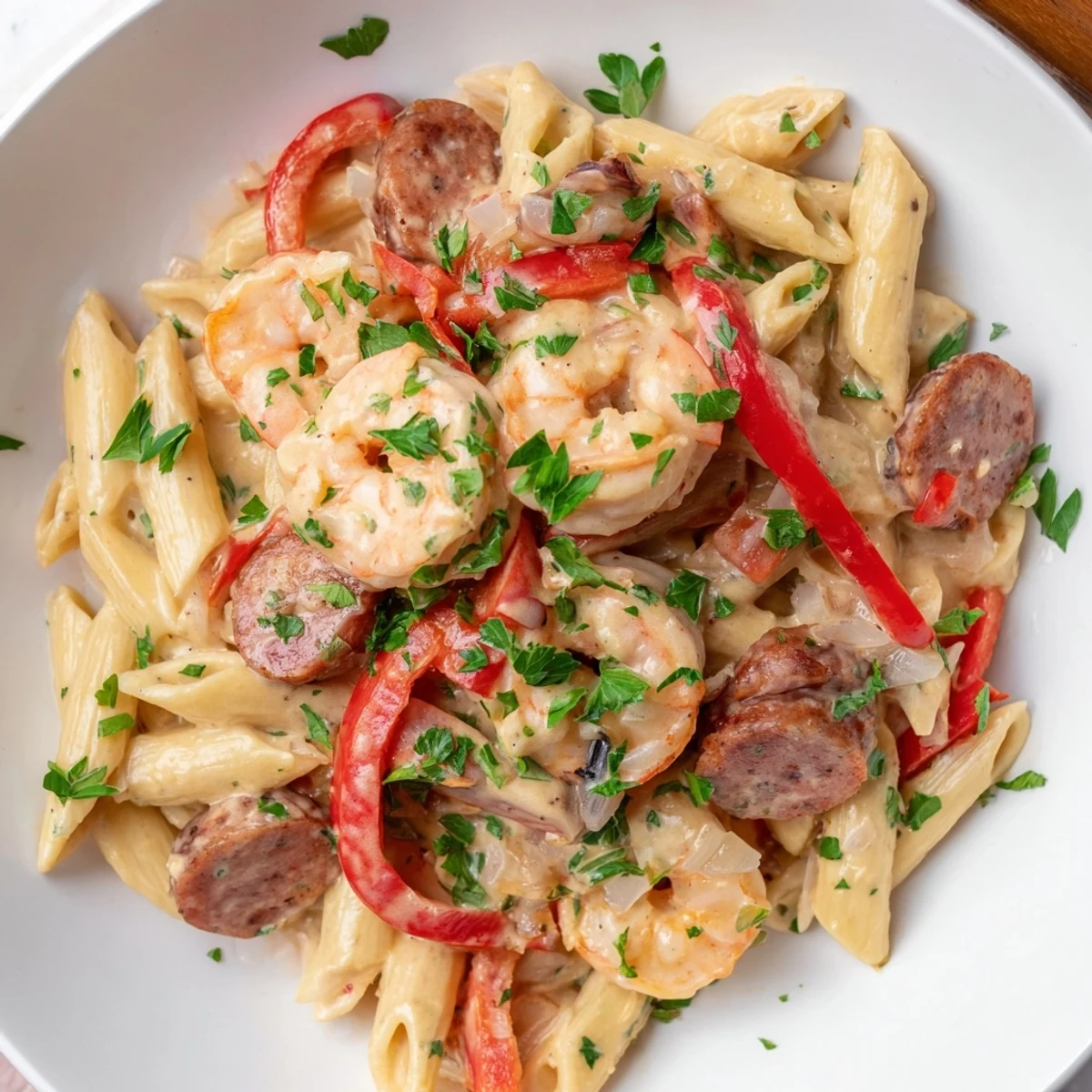 Cajun Sausage & Shrimp Alfredo Pasta Skillet sizzling with shrimp and sausage, tossed in creamy sauce.