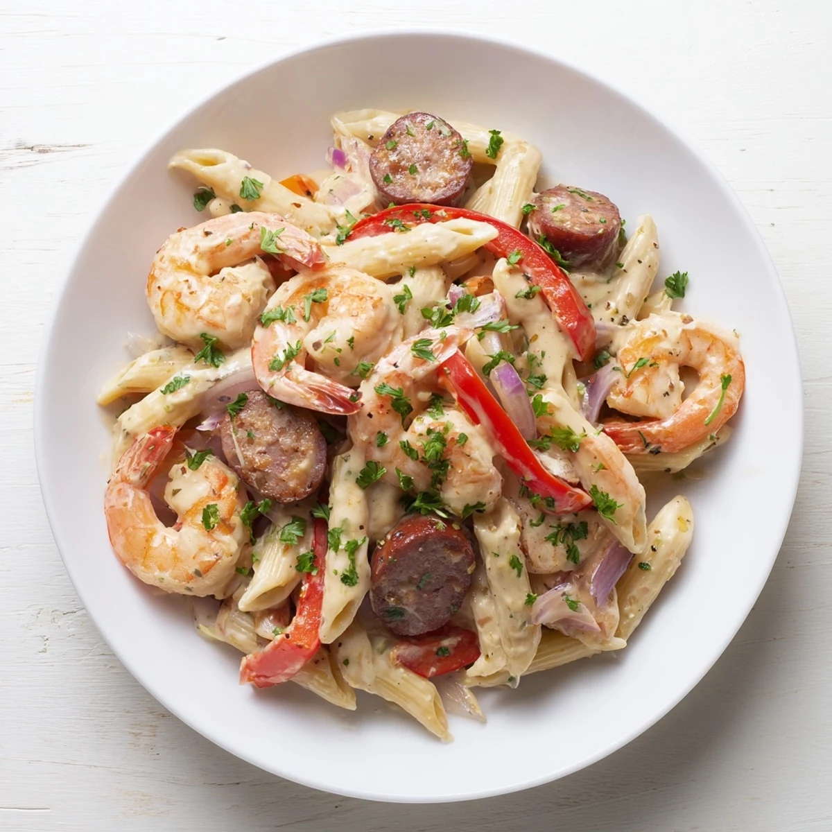 A steaming skillet of Cajun Sausage & Shrimp Alfredo Pasta, garnished with fresh parsley and ready to serve.