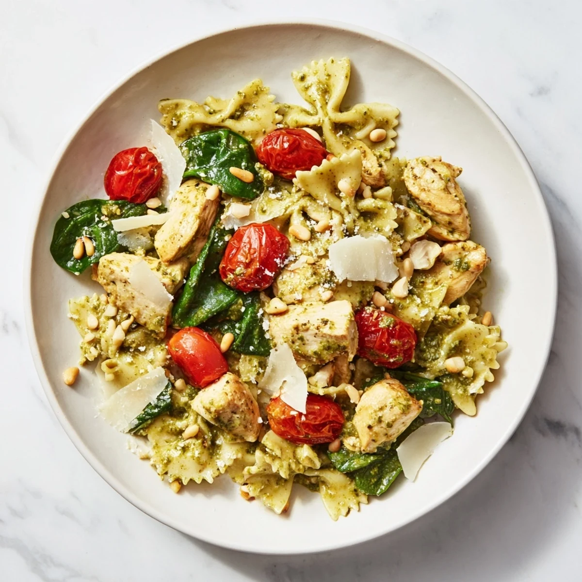 Image 1: A satisfying plate of pesto chicken bowtie pasta with colorful cherry tomatoes and fresh basil.