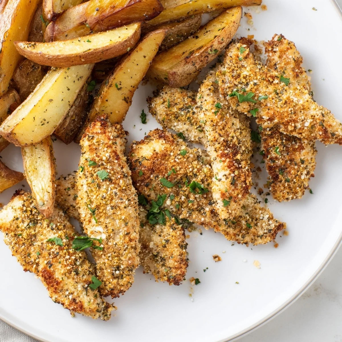 Close-up of freshly cooked herbed chicken tenders beside flavorful, seasoned potato wedges, ready to eat.