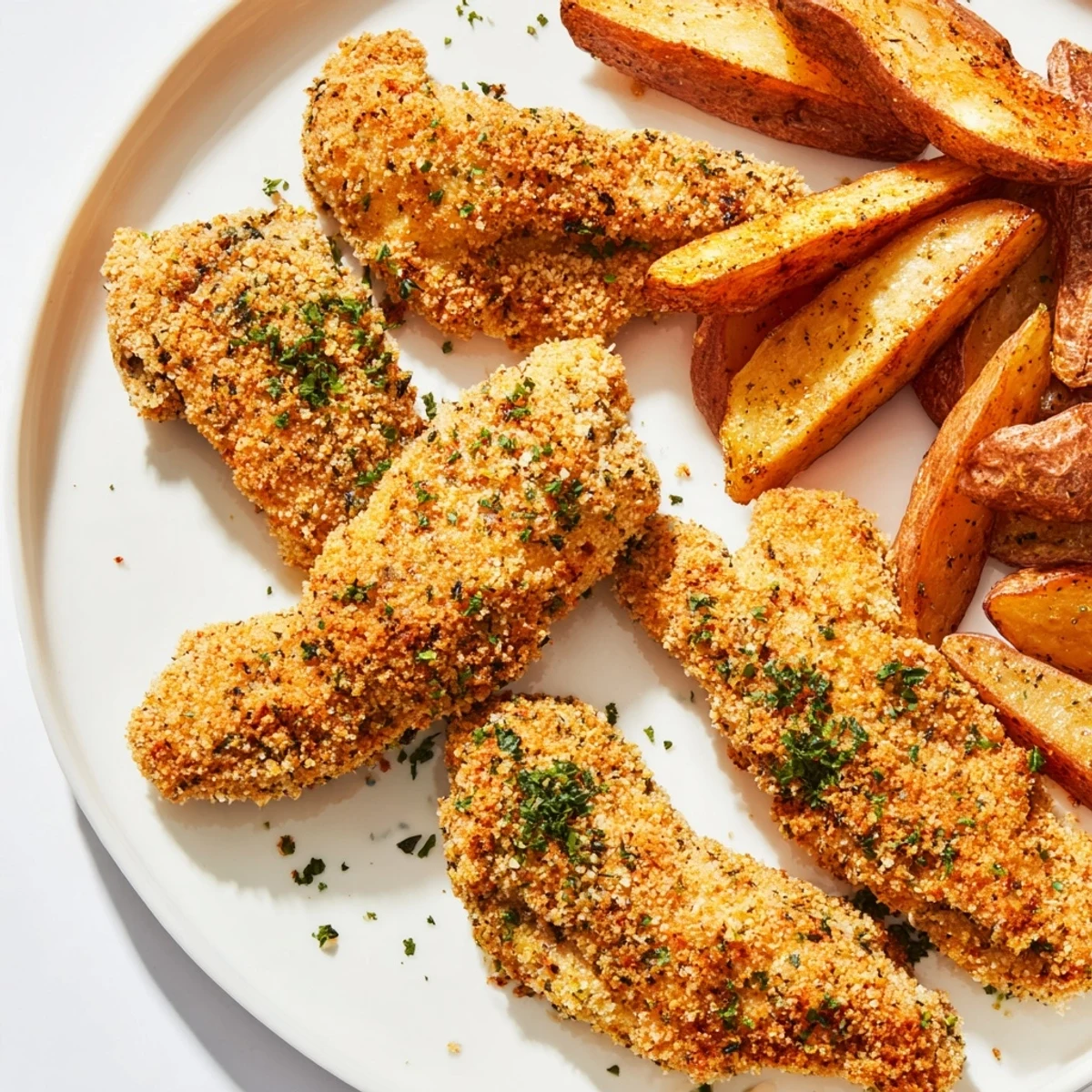 Plate of warm herbed chicken tenders and baked potato wedges, seasoned with herbs for a tasty family meal option.
