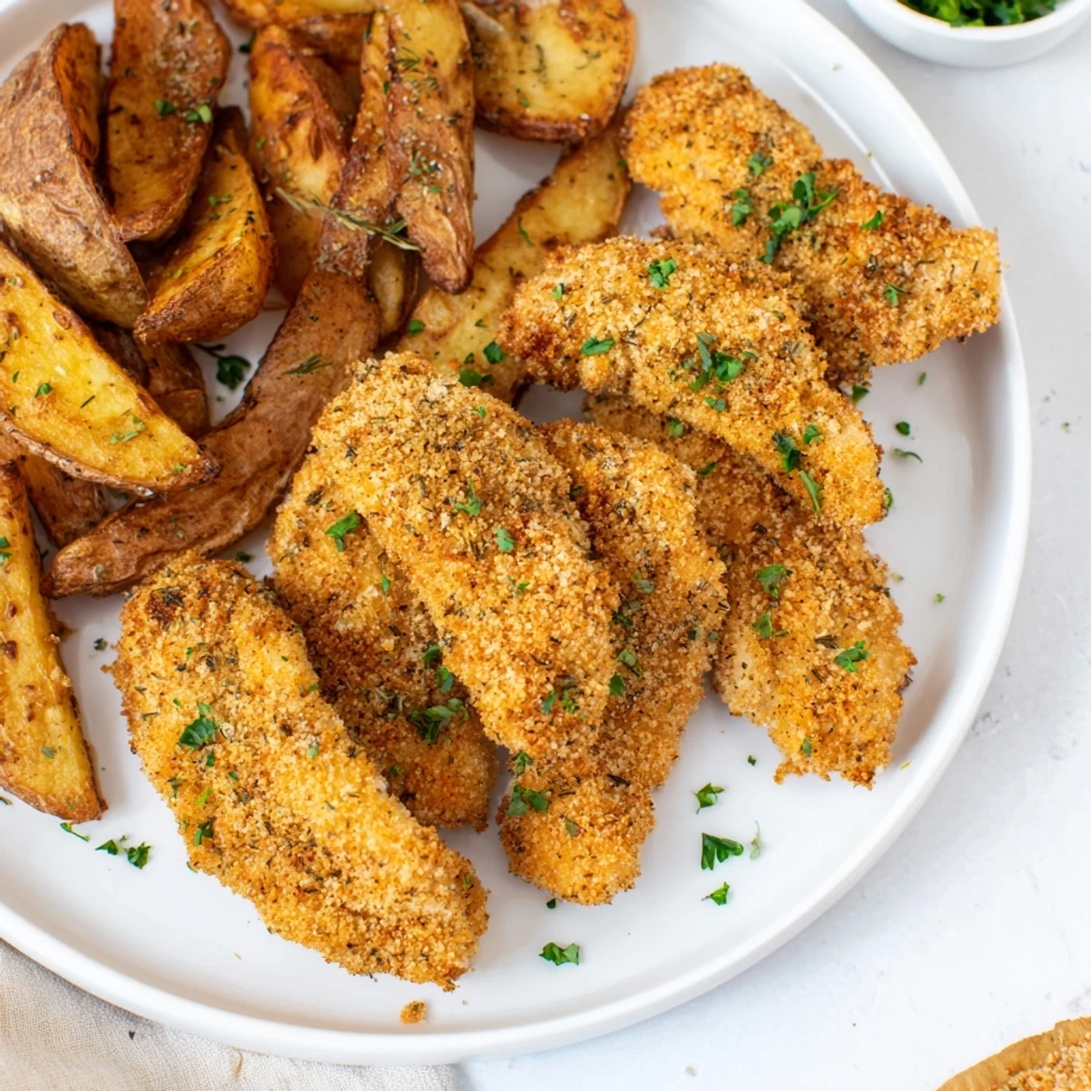 Golden-brown herbed chicken tenders paired with crispy potato wedges, a satisfying American comfort food dinner.