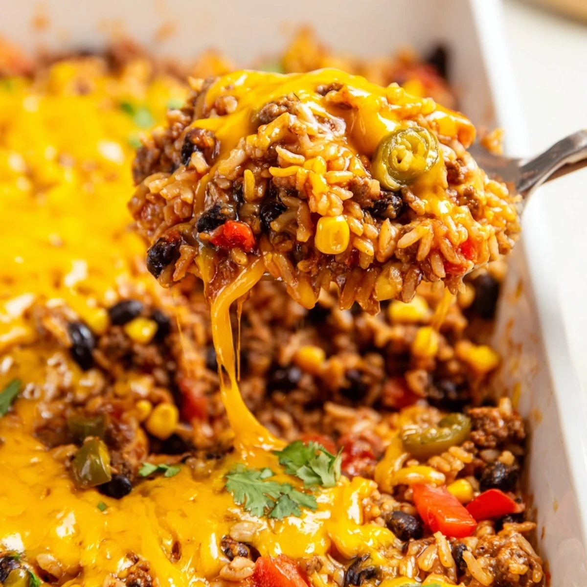 Steaming Tex-Mex Beef & Rice Casserole, topped with melted cheese, offers a warm, savory aroma and rich flavors.