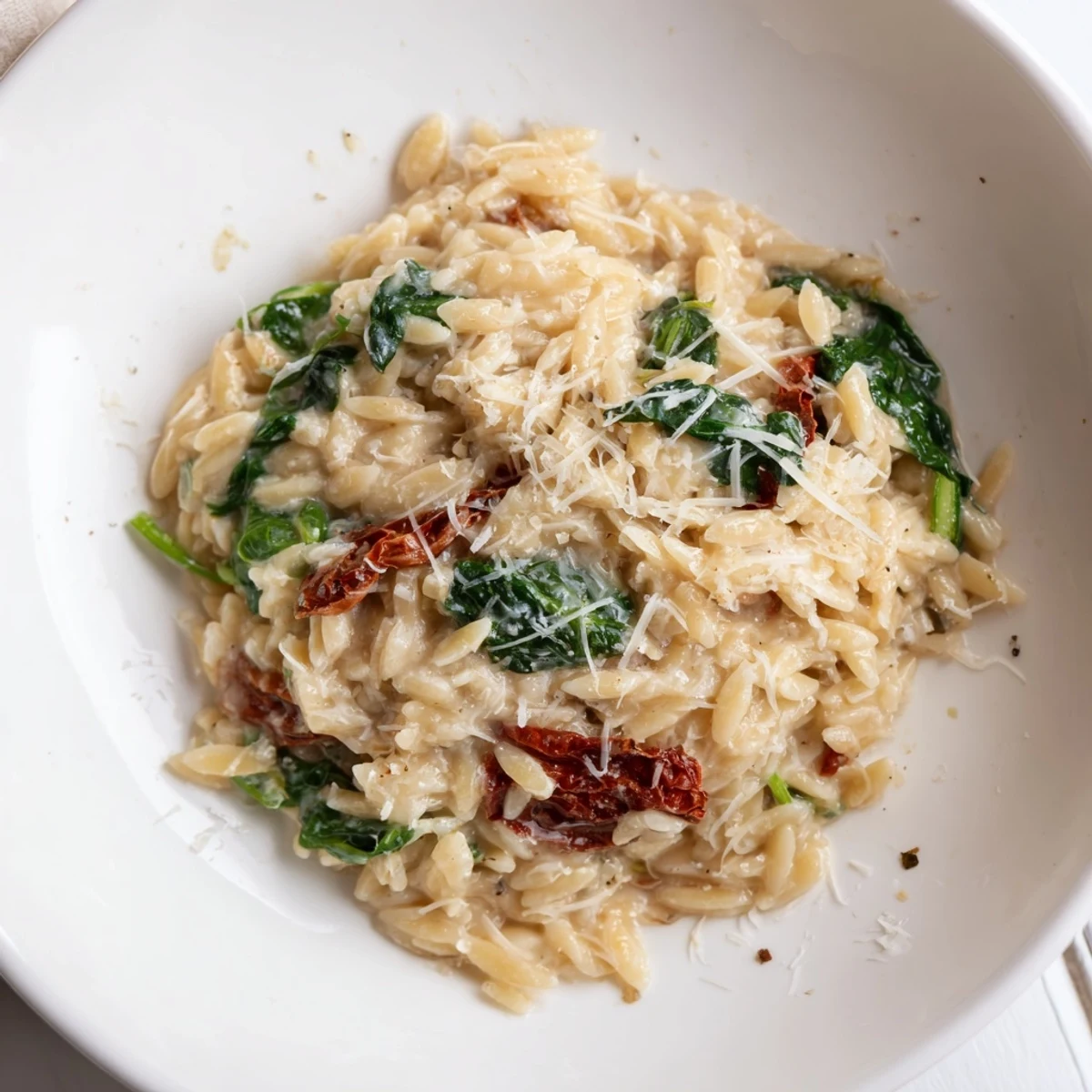 This comforting Creamy Tuscan Orzo Bowl showcases creamy pasta, garlic, and fresh spinach; a vegetarian delight.
