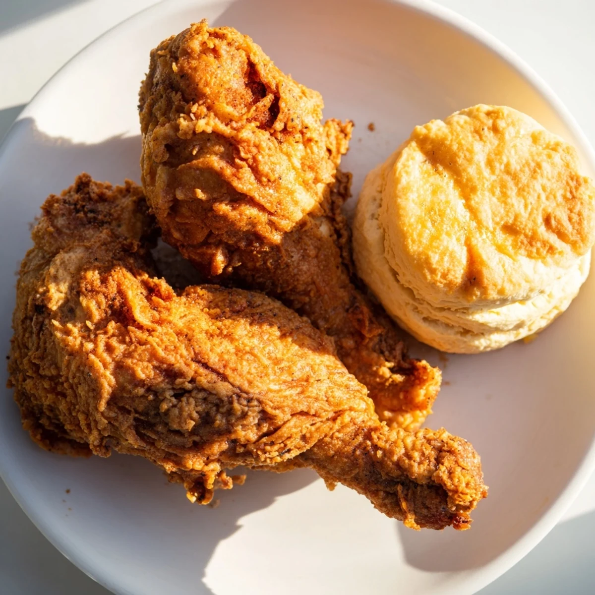 Golden-brown Southern Fried Chicken served alongside fluffy, buttery buttermilk biscuits, a comforting combo.