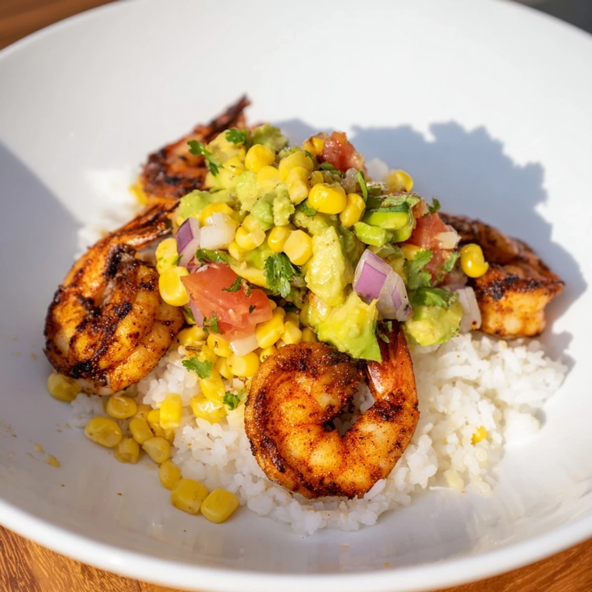 Close-up of Easy Grilled Shrimp Bowl with juicy grilled shrimp, colorful salsa, and fluffy rice.