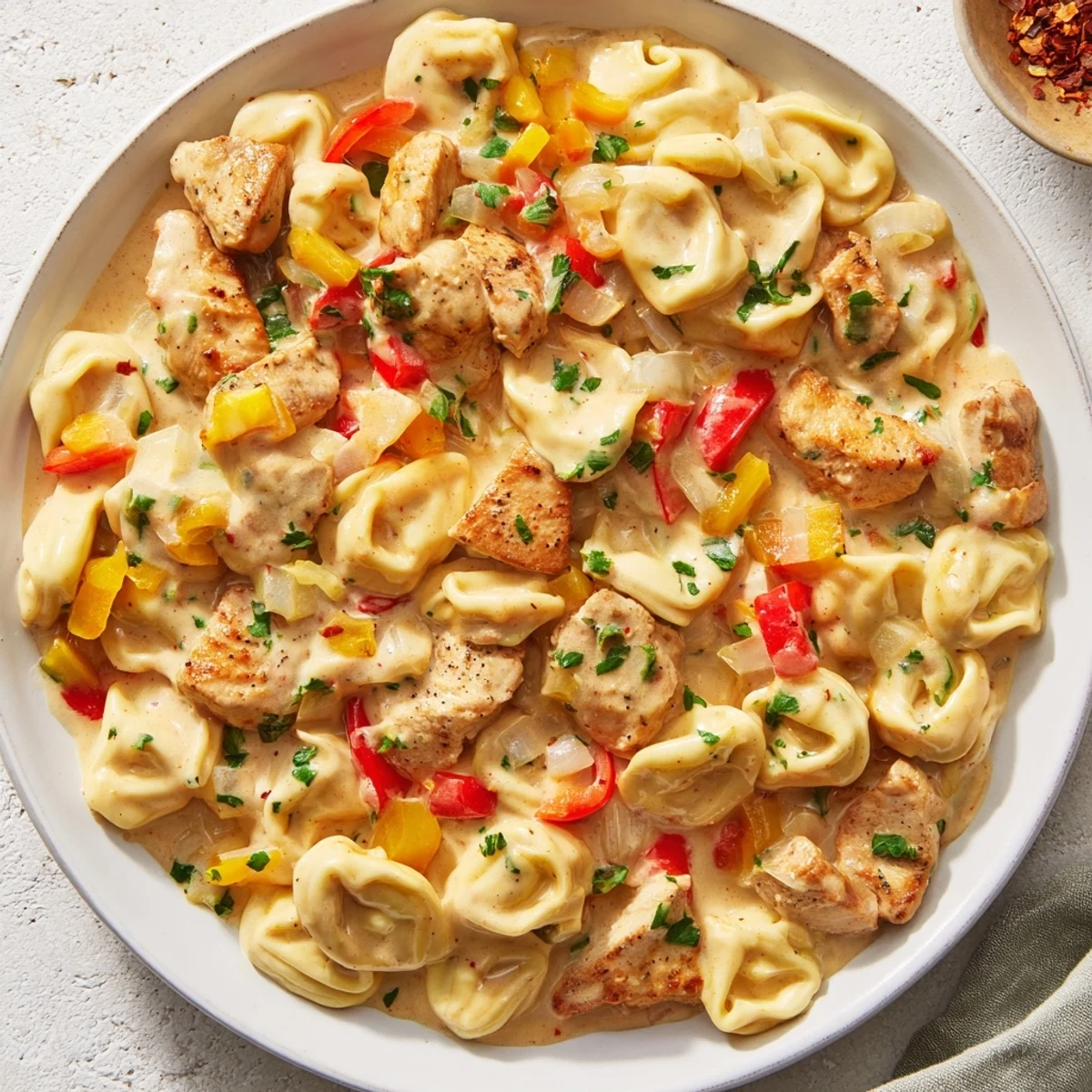 A creamy, flavorful bite of Zesty Cajun Garlic Parmesan Chicken Tortellini, ready to enjoy.