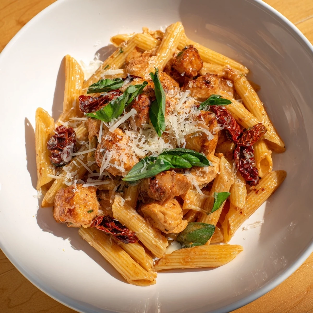 Creamy Tomato Basil Chicken Pasta: A close-up view of the rich, creamy sauce coating the pasta.