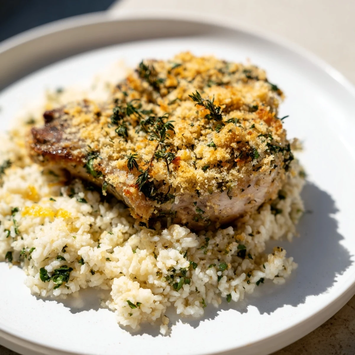 These savory, herb-crusted Parmesan Herb Pork Chops, baked to perfection and served with flavorful rice.