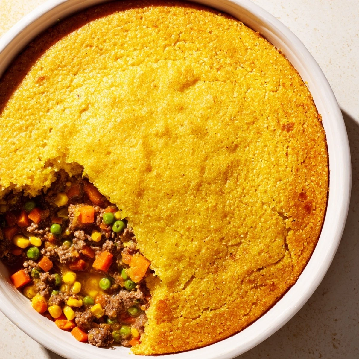 Golden-brown cornbread crust tops a savory beef filling in this Cornbread Crusted Beef Pie.