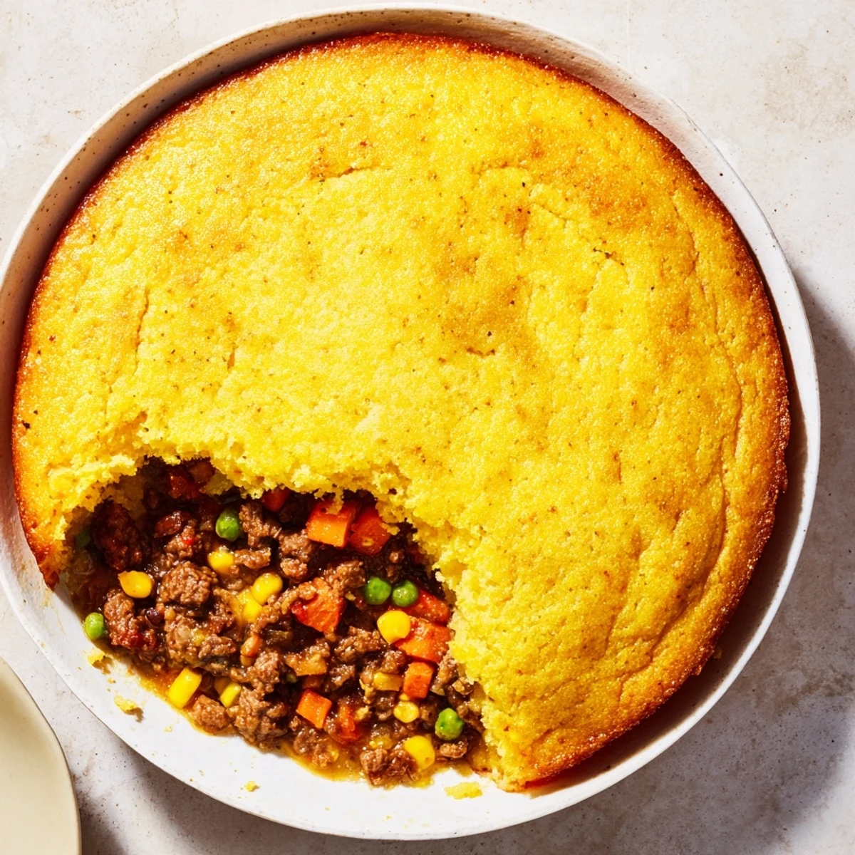 Imagine the texture: tender beef and vegetables beneath a sweet, crispy cornbread in the Cornbread Crusted Beef Pie.
