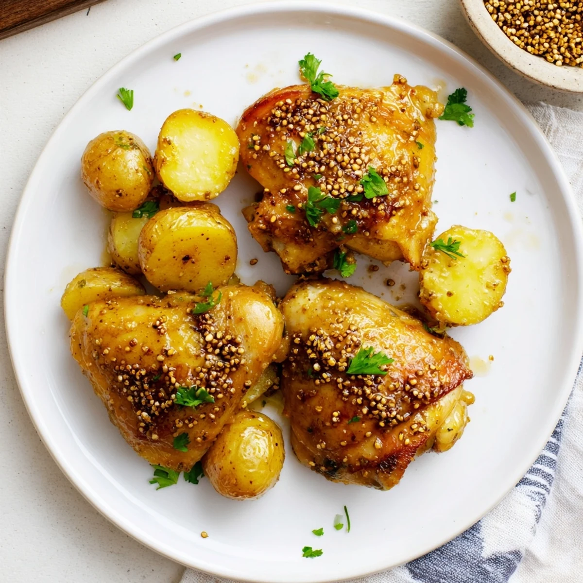 Golden honey mustard chicken thighs with flavorful roasted potatoes, a delicious American recipe.