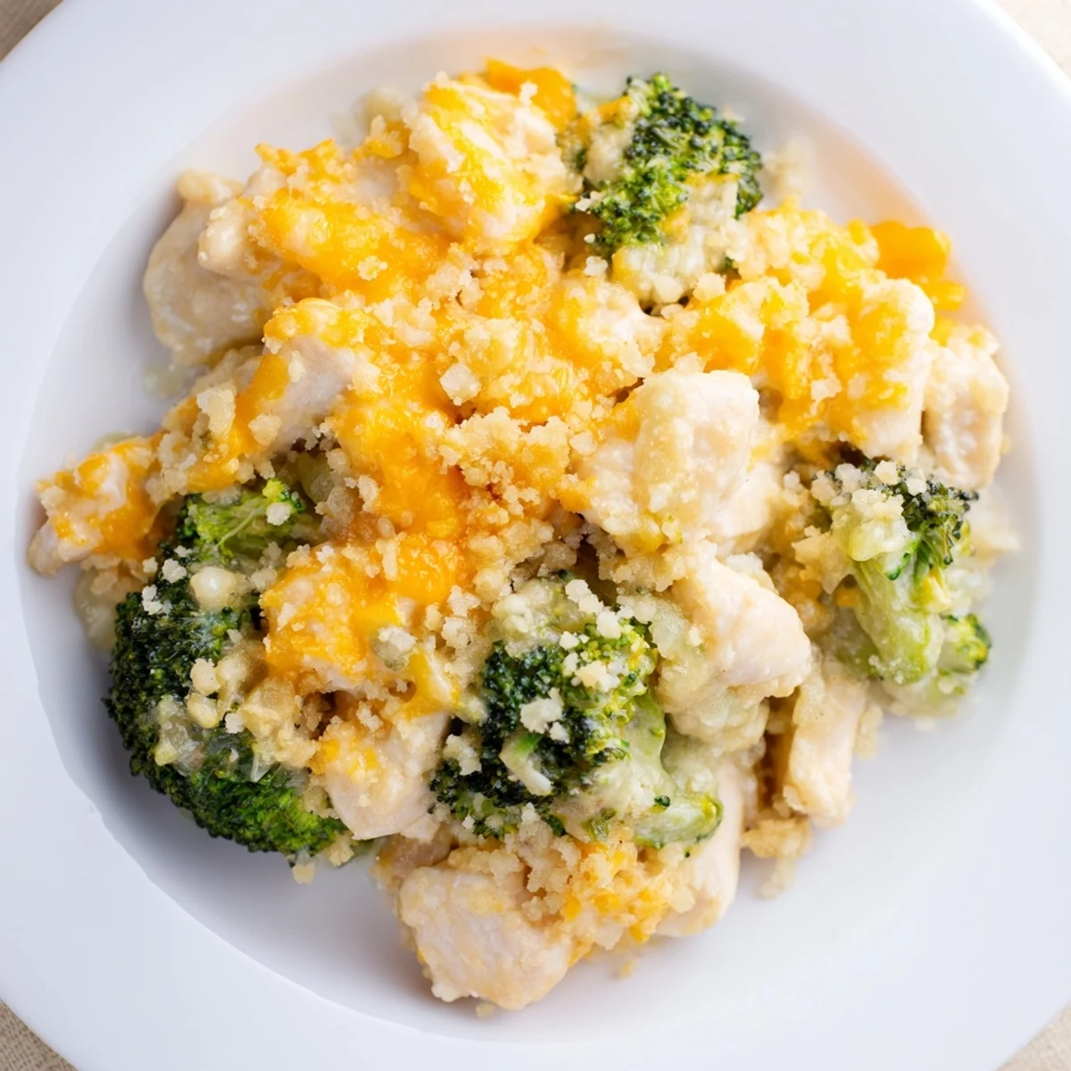 Golden bubbling Cheddar Broccoli Chicken Bake fresh from the oven, ready to serve and enjoy.