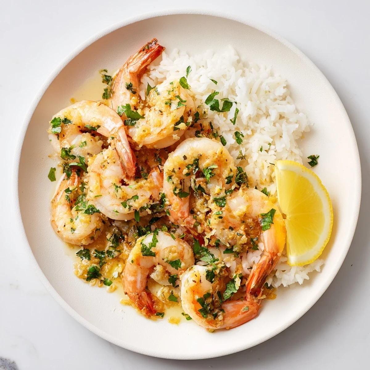 A close-up of a Garlic Butter Shrimp Rice Bowl, boasting tender shrimp over fluffy rice and vibrant herbs.