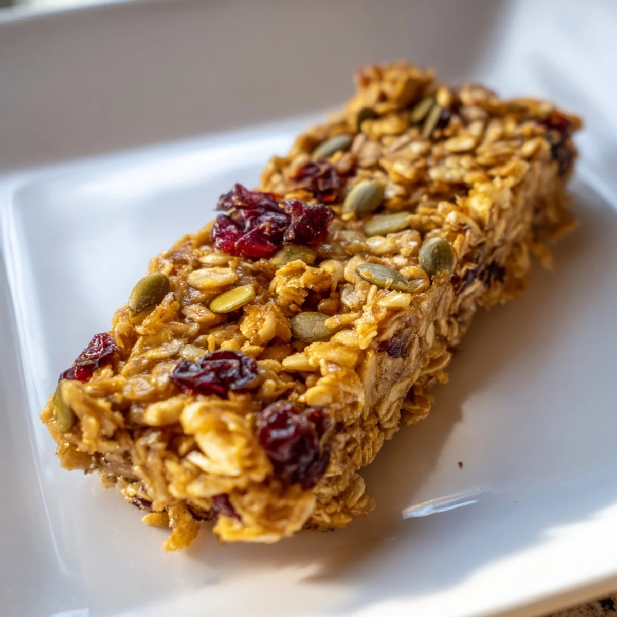 Golden-brown Roasted Pumpkin Seed & Cranberry Granola Bars, offering a delightful mix of textures.