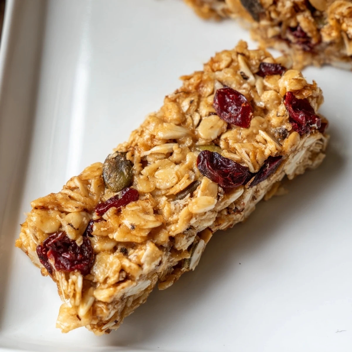 These homemade Roasted Pumpkin Seed & Cranberry Granola Bars showcase a rustic, chewy appearance with mixed nuts.
