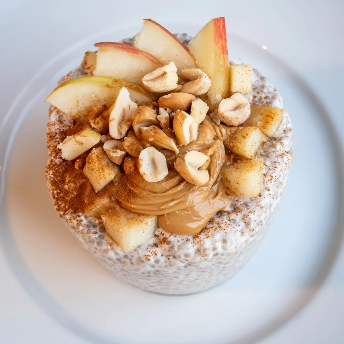 A delightful bowl of chilled Apple-Chia Pudding with Peanut Butter, a perfect healthy breakfast choice.