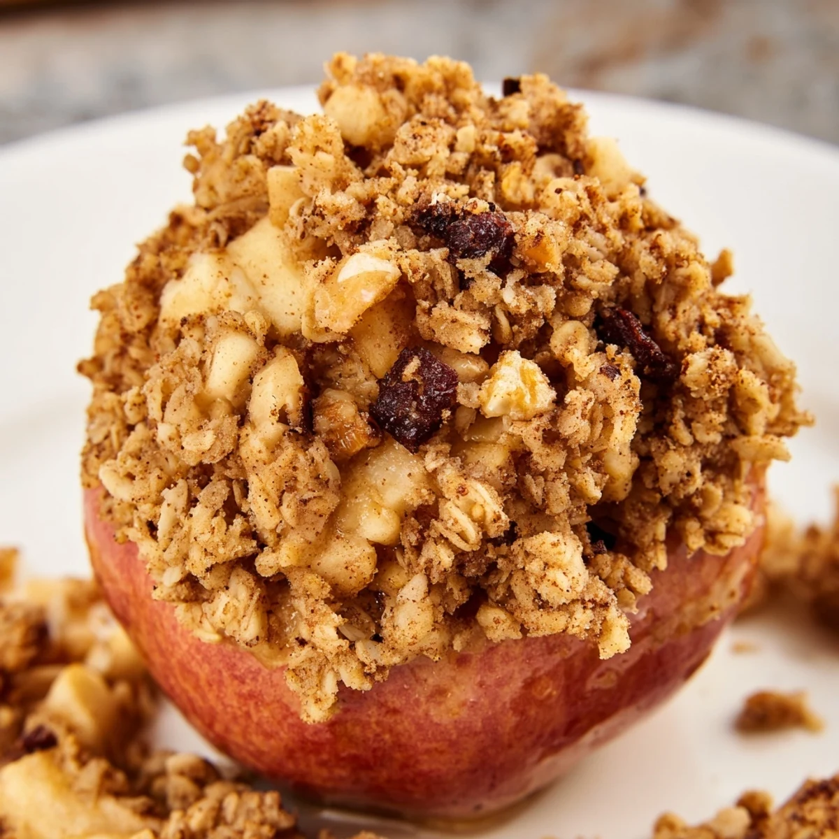 Sweet baked apples with a crunchy oat-nut crumble topping, perfect for a cozy dessert on a cold evening.